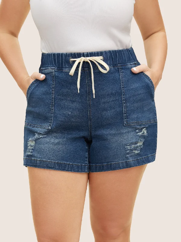 Stylist with what new new often-Dark Wash Drawstring Distressed Patch Pocket Denim Shorts Stylist with what new new often-Dark Wash Drawstring Distressed Patch Pocket Denim Shorts