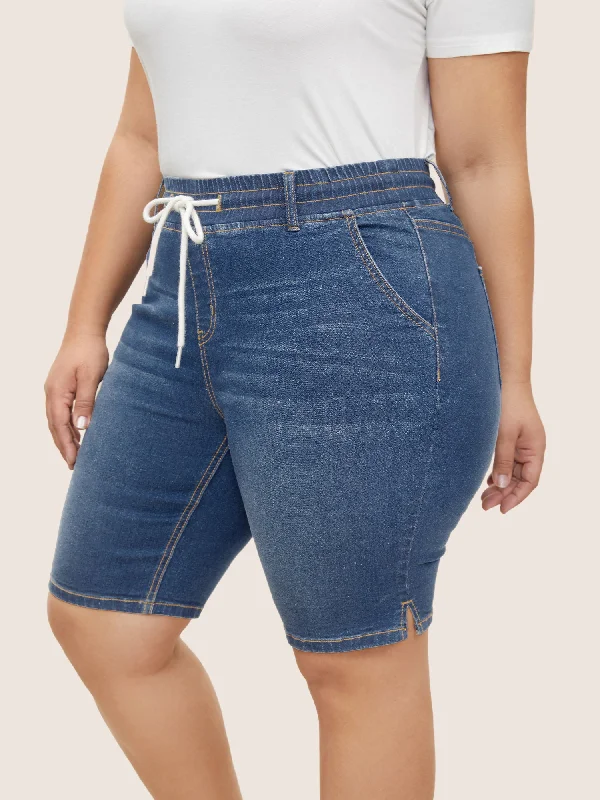 Women's denim shorts with a low-rise waist-Dark Wash Drawstring Slit Hem Denim Shorts