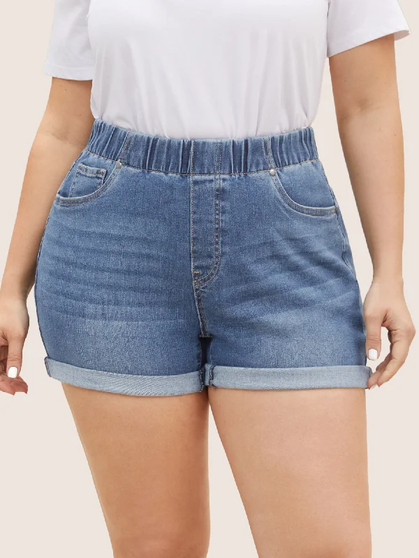 Jeans and plus affordable brand from what:Dark Wash Elastic Waist Roll Hem Denim Shorts