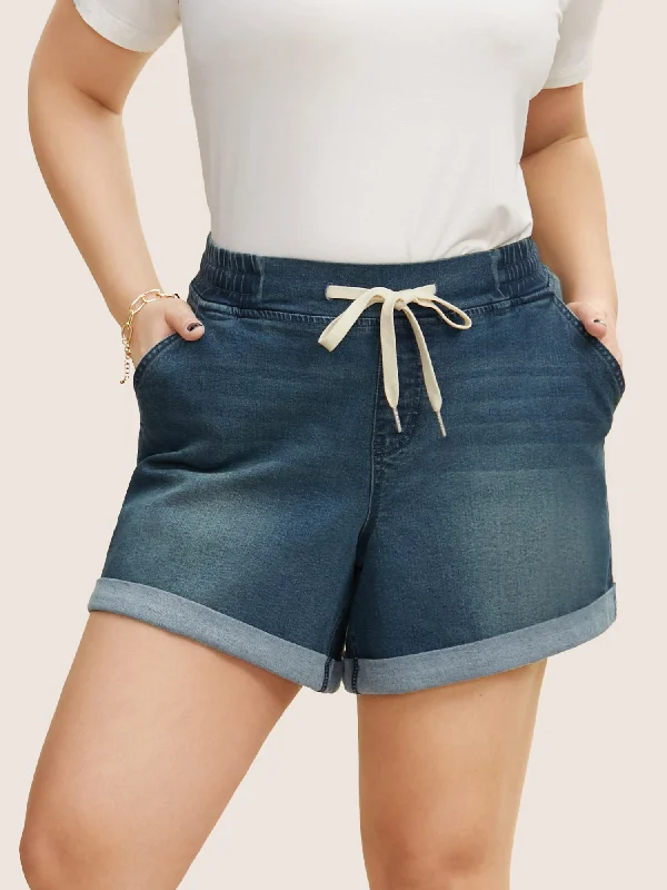 Women's denim shorts for vacation-Dark Wash Roll Hem Drawstring Denim Shorts