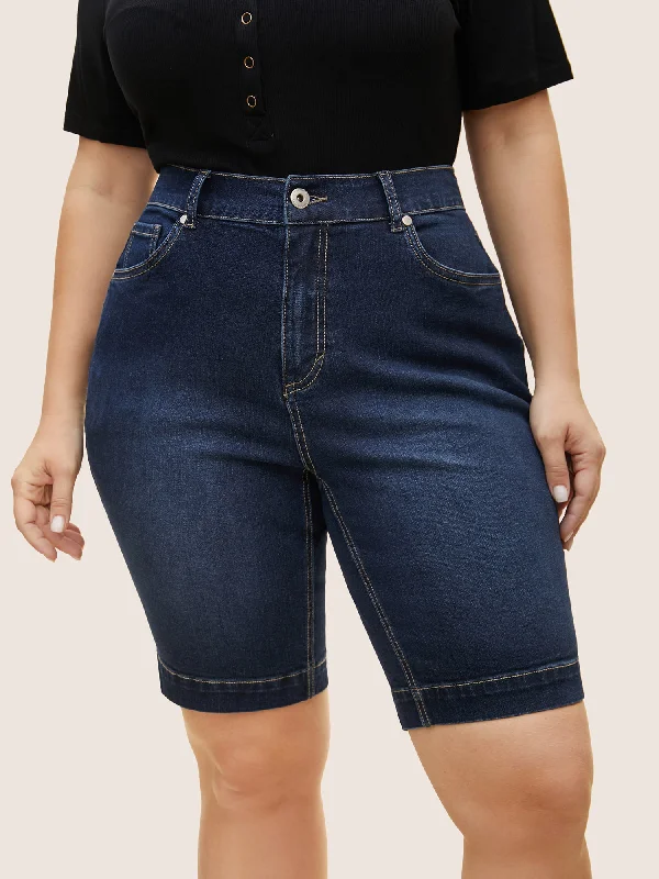 Women's denim shorts with a cuffed hem-Dark Wash Split Hem Quilted Denim Shorts