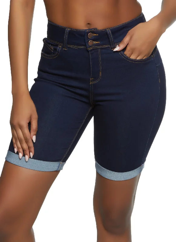 Women's denim shorts and a sweater dress-WAX Double Button Bermuda Denim Shorts