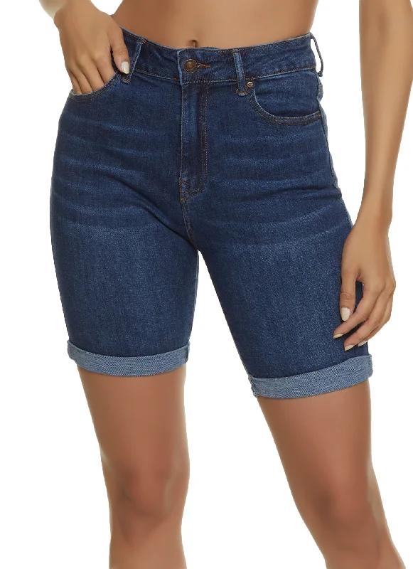 Women's denim shorts or the dark style-WAX Rolled Cuff Bermuda Denim Shorts