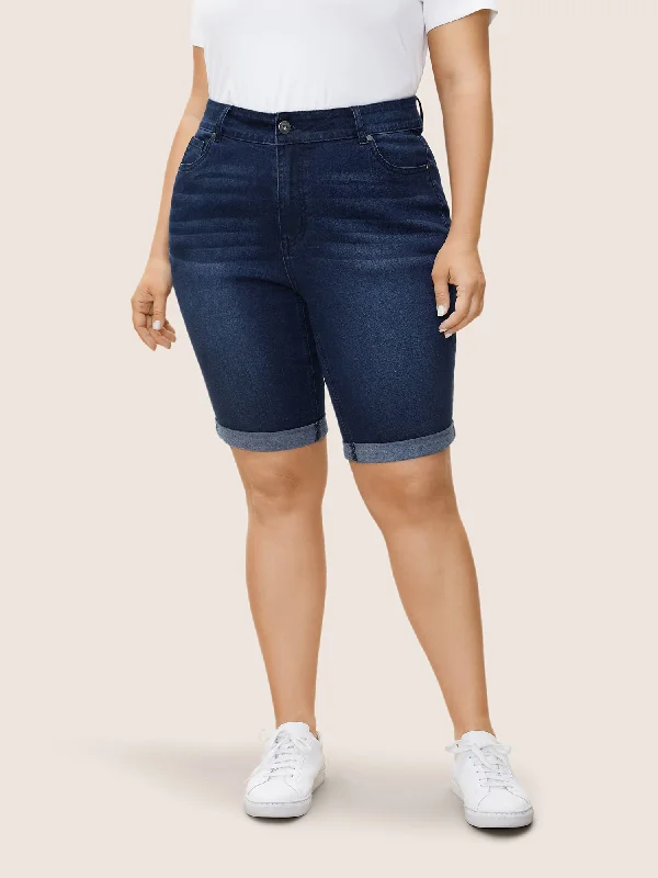 New women's denim shorts now with sale great prices.Dark Wash Zipper Fly Roll Hem Denim Shorts