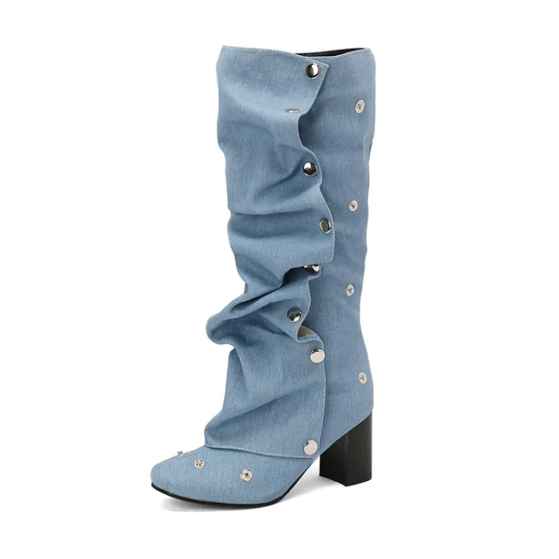 Denim Diva Studded High Heels---Chic Denim Fabric Heels for a Unique Look