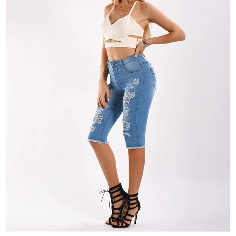 Women's denim shorts for a sporting event-Denim Hole Ripped Distressed Knee Length Stretch Wholesale Jean Shorts
