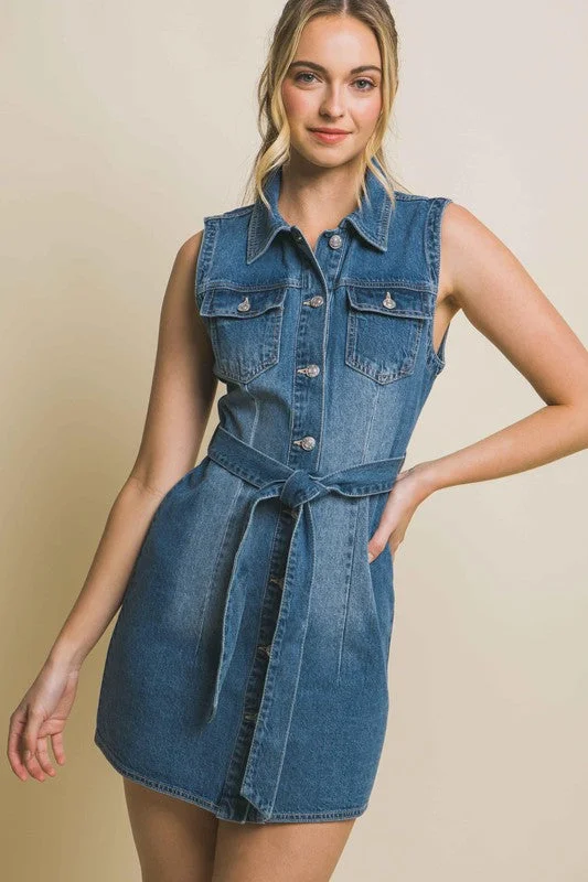 Denim dress with adjustable hem--To quality which of denim-Denim Strapless Dress with Waist Tie