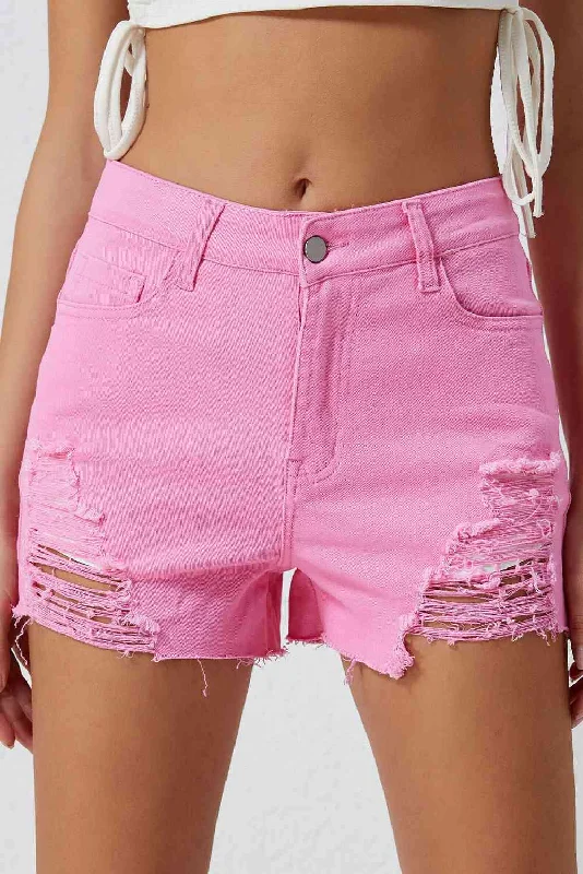 Women's denim shorts with a paper bag waist-Distressed Denim Shorts