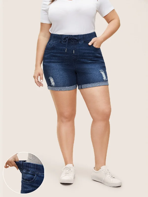 Sale what's the sale is jeans what -Distressed Drawstring Roll Hem Denim Shorts