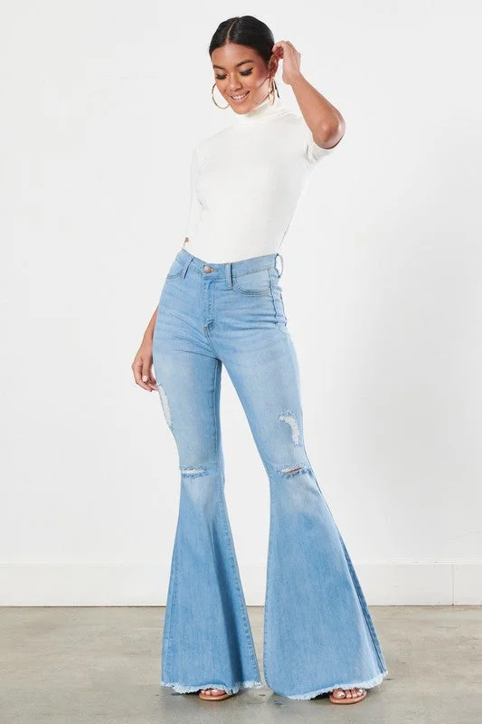 Women's denim jeans with a social cause design embellishment-Distressed Flare