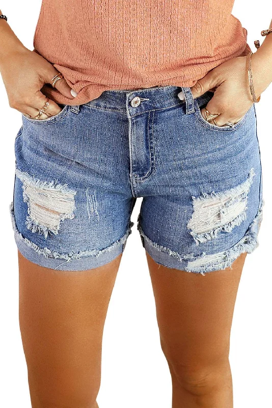 Denim can stylish great new affordable fit stylist 2025 what:Distressed Ripped Rolled Hem Blue Denim Shorts