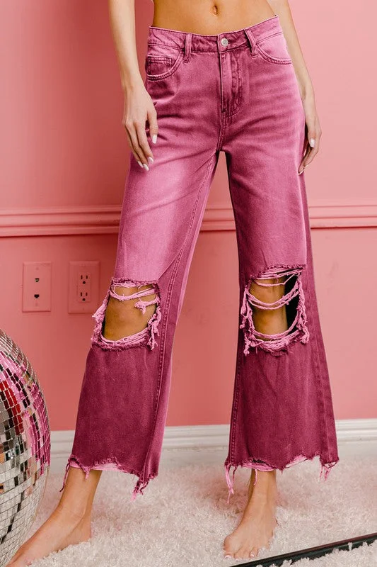 Women's denim jeans with a abstract design embellishment-Distressed Vintage Washed Wide Leg Pants