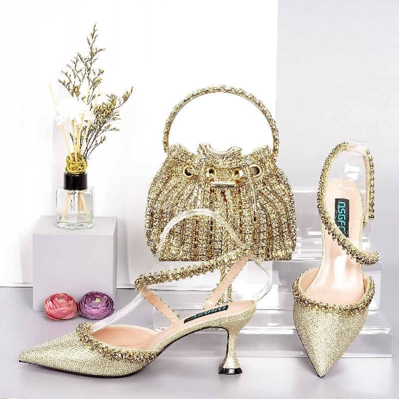 Italian Shoes And Bag Sets For Evening Party With Stones gold