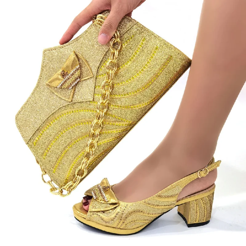 Italian gold Shoes And Bag Sets For Evening Party With Stones