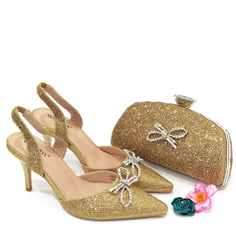 Italian gold Shoes And Bag Sets For Evening Party With Stones