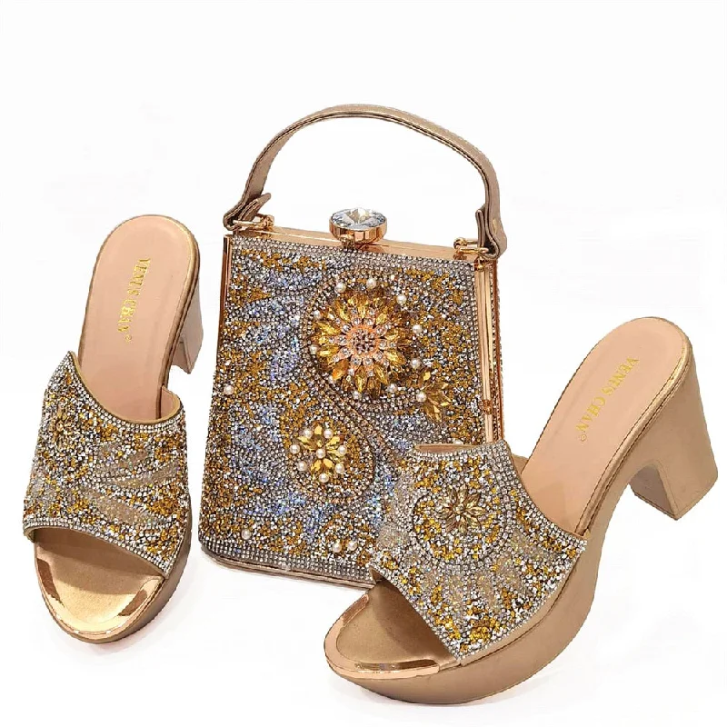 Italian gold Shoes And Bag Sets For Evening Party With Stones