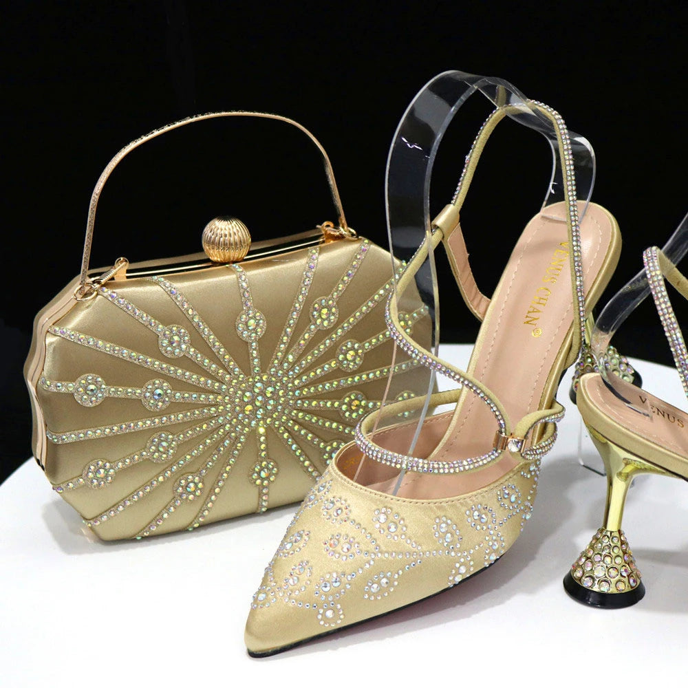 Wedding Shoes and Bag Set gold Color Italian Shoes with Matching Bags