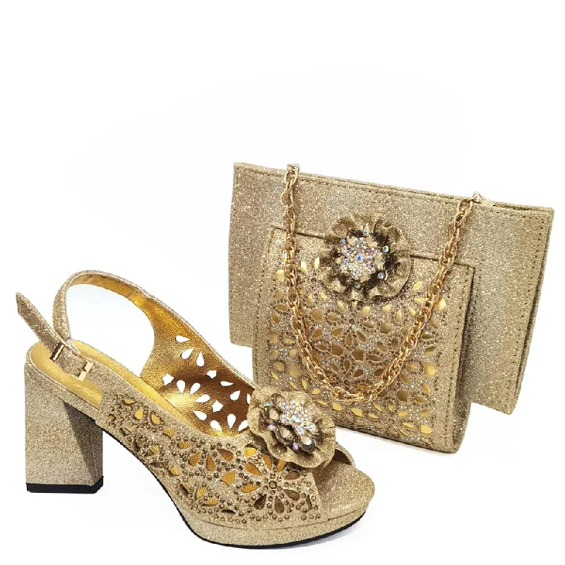 Wedding Shoes and Bag Set gold Color Italian Shoes with Matching Bags