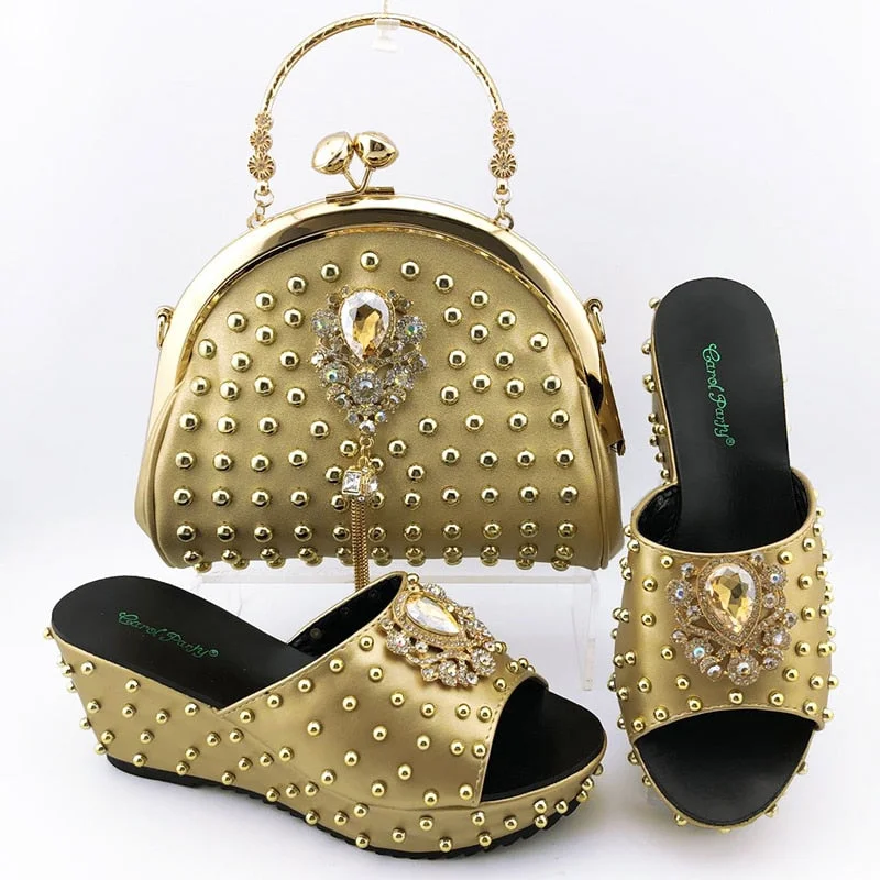 Wedding Shoes and Bag Set gold Color Italian Shoes with Matching Bags