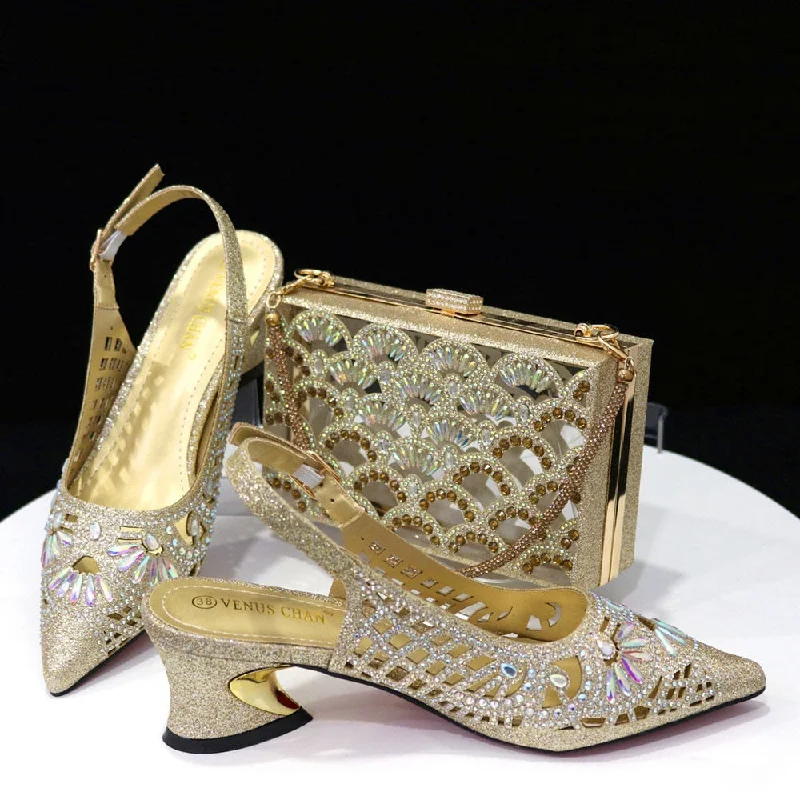 Women Shoe and Bag Set Decorated gold Shoes and Bag