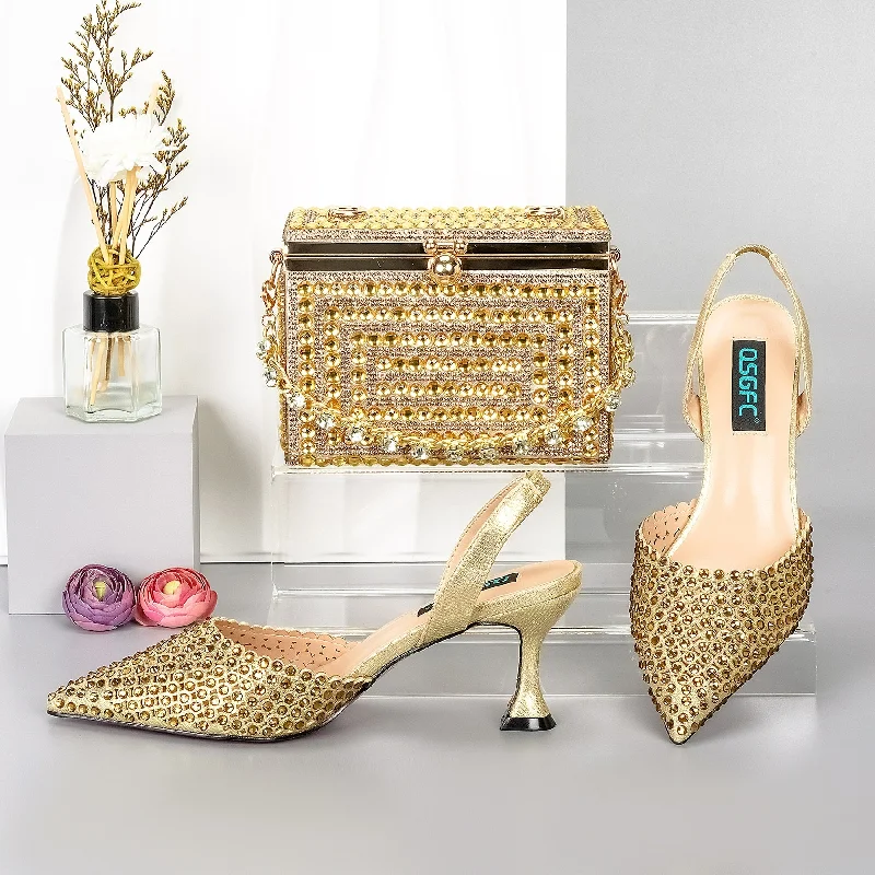 Women Shoe and Bag Set Decorated gold Shoes and Bag