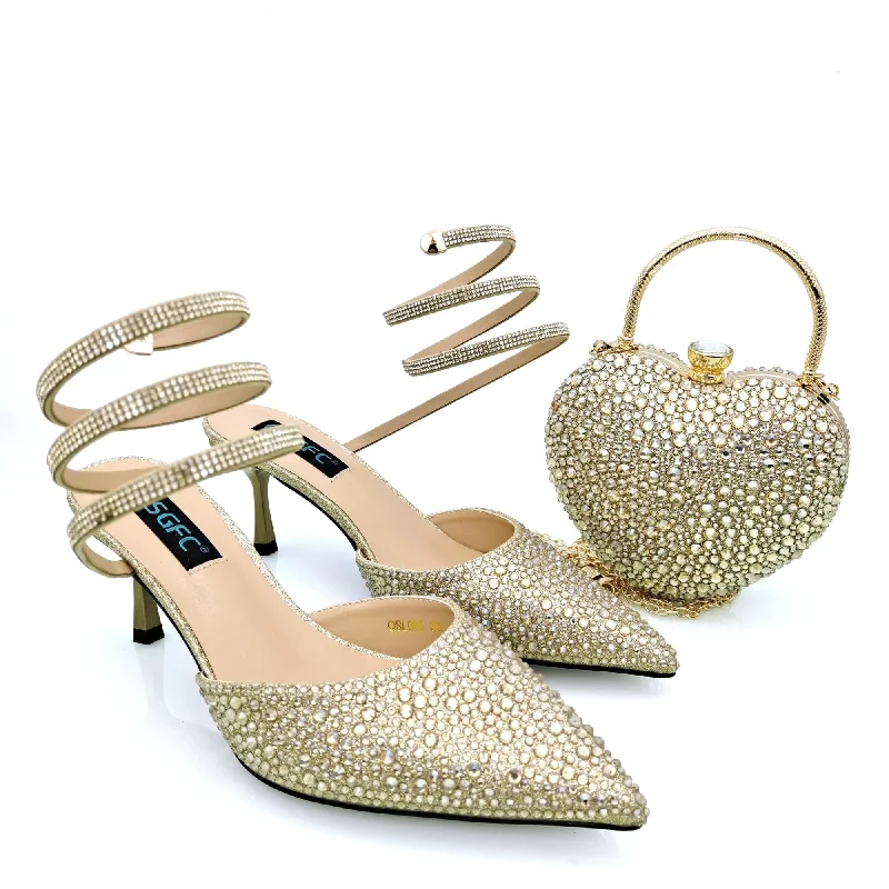 Women Shoe and Bag Set Decorated gold Shoes and Bag