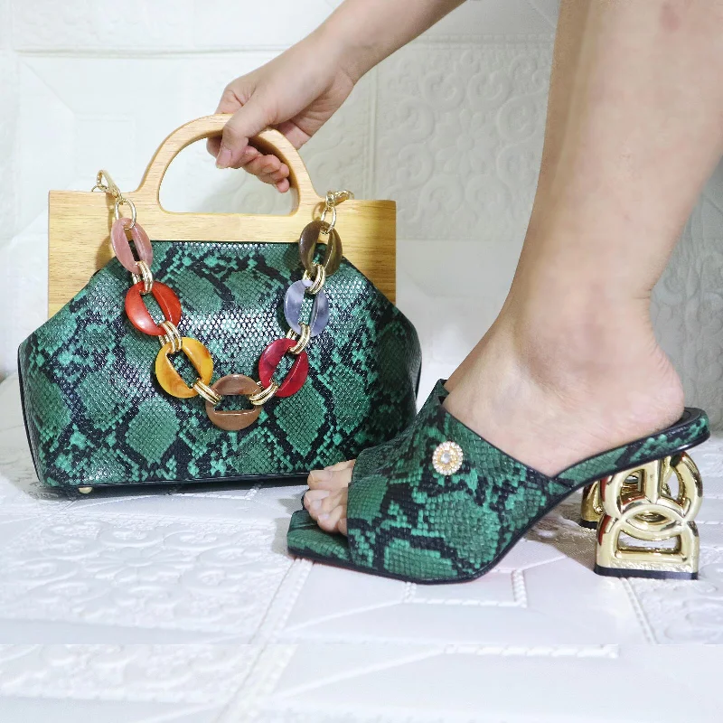 Matching Women Shoe and Bag Set Decorated green Shoes and Bag