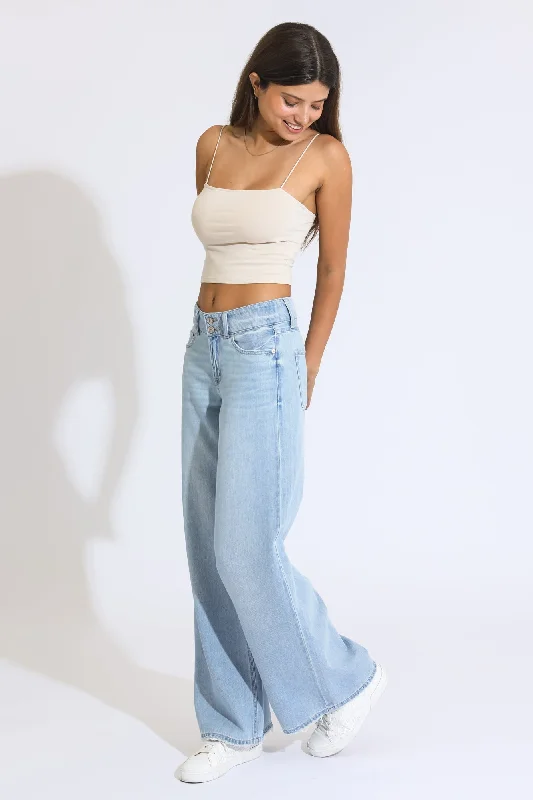 Women's denim jeans with sneakers-Double Button Wide Leg Jean - Medium Blue Black