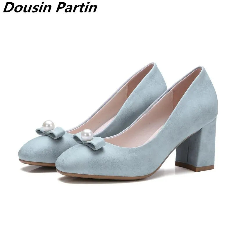 Dousin Partin Bow Tie Women Pumps Square High Heel Platform Beading Round Toe---Charming Bow Pumps for a Cute and Stylish Look