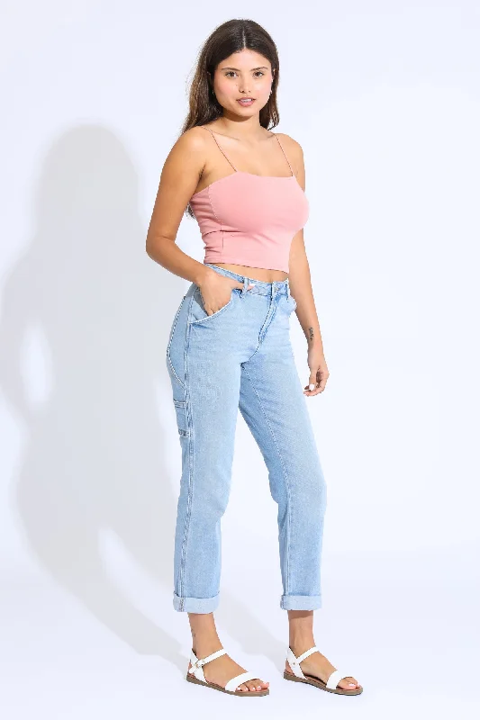 Women's denim jeans party it stylish high-Easy Straight Rolled Hem Carpenter Jeans - Light Indigo