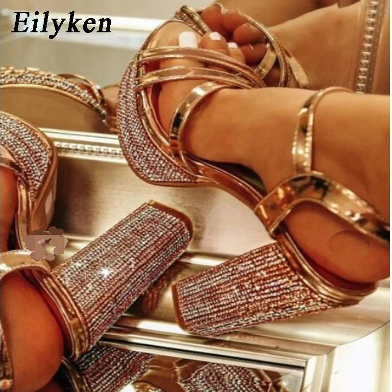 Affordable Rhinestone Pumps for a Dazzling Look---Design Crystal Rhinestone Platform Thick Heel Women Gladiator