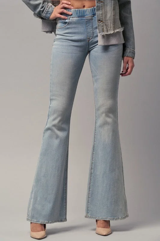 Women's denim jeans with a ceramic embellishment-Elastic Banded Wide Flare Jeans