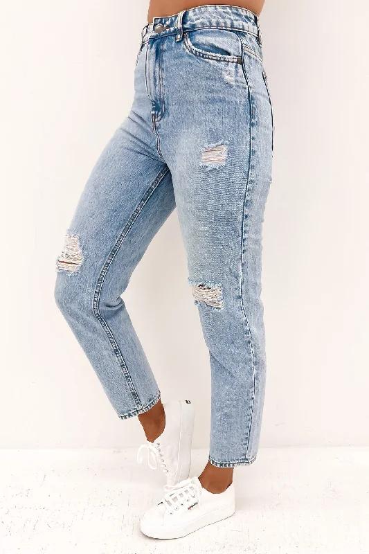 Women's denim jeans with a resistance cause design embellishment-Ellen Mom Jean Light Blue