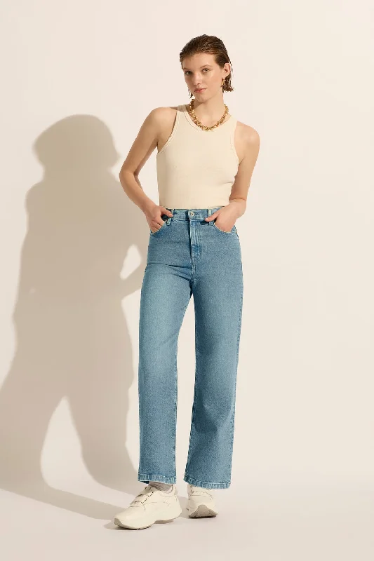 Women's denim jeans with a flower embellishment-Ellie High Rise Wide Leg Jean - Sunday Women's denim jeans with a flower embellishment-Ellie High Rise Wide Leg Jean - Sunday