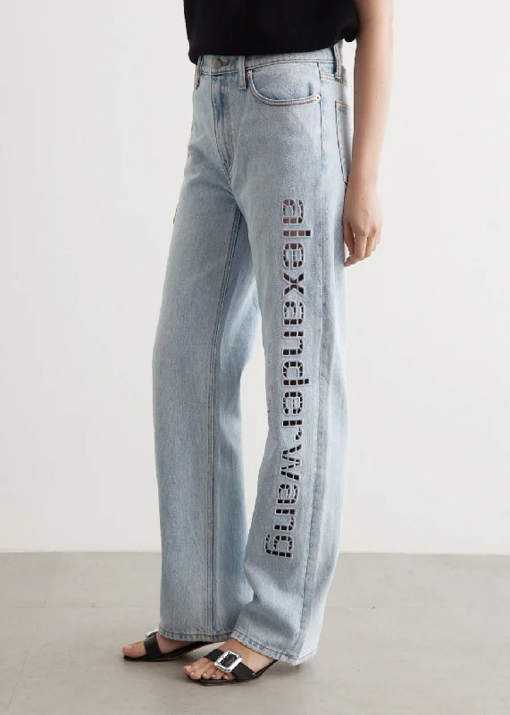 Women's denim jeans with a flower embellishment-Ez Slouch Logo Cut Out Jeans