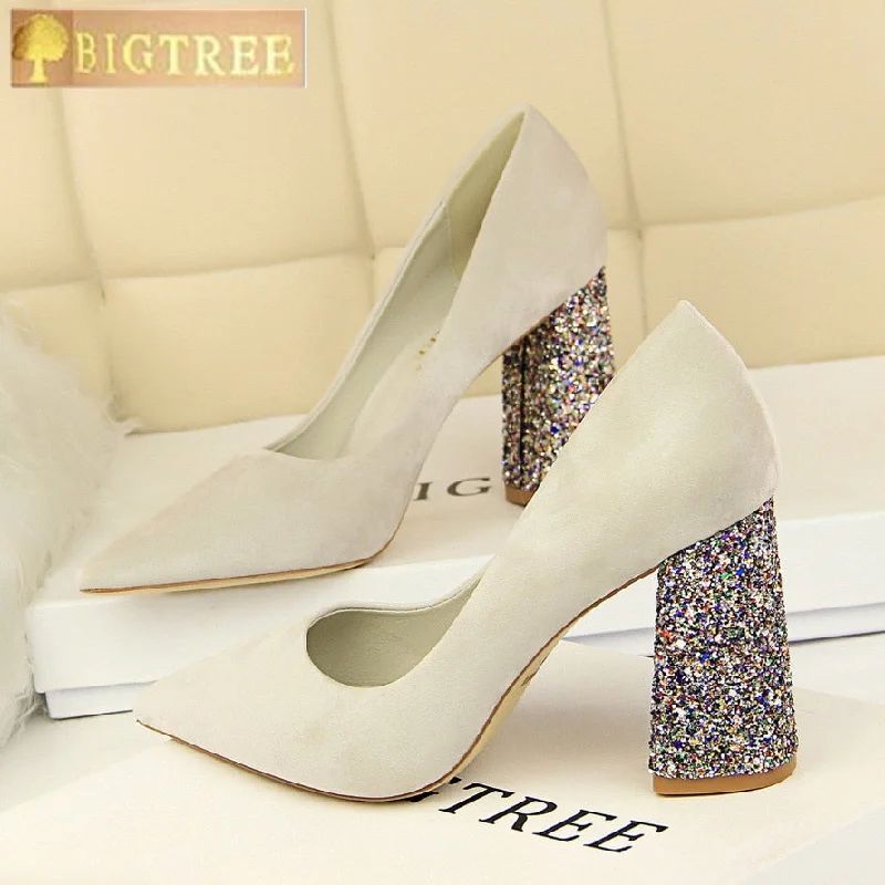 Stiletto Heel Pumps with Perfect Fit--Fashion Bling Square Heels Women's Shoes 2018 New Solid Flock Shallow Women Pumps Pointed Toe High Heels Shoes Sexy Party Shoes-Fashionable & Classic