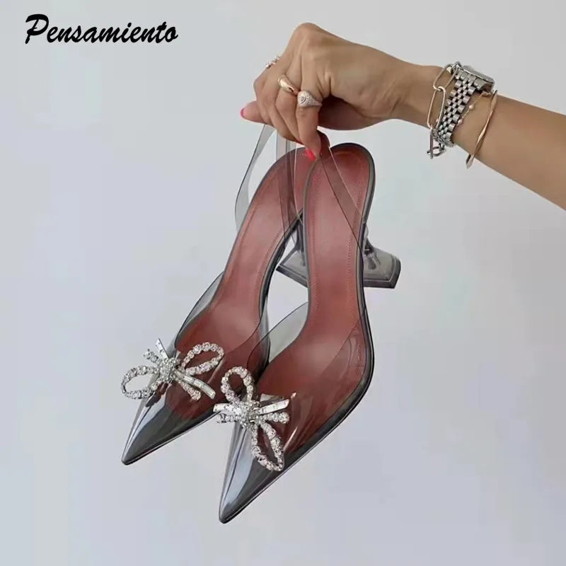 Affordable Rhinestone Pumps for a Dazzling Look---Fashion brand Rhinestones Bowknot Women Pumps clear PVC Slingback High heels