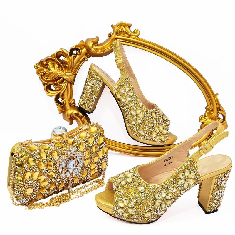 Affordable Rhinestone Pumps for a Dazzling Look---gold Women Shoes Match Purse With Big Crystal Decoration