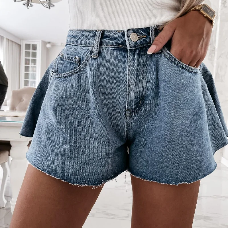 Women's denim shorts with a side stripe-Fashion High Waist Denim Shorts Wide Legs Solid Color Short Pants Wholesale Clothing For Women
