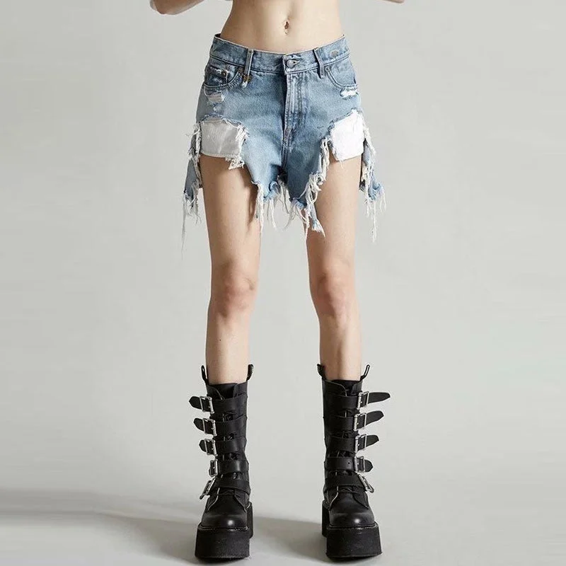 Women's denim shorts and a jumpsuit-Fashion Irregular Design Raw Edge V-Shaped Womens Ripped Hot Pants Wholesale Denim Shorts