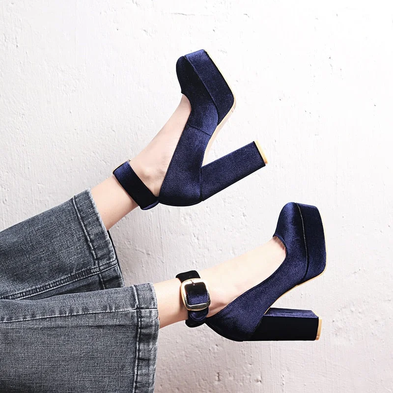 Luxurious Velvet Women's Pumps with Soft Finish---Fashion Velvet High Heels Shoes Female Straps Black Blue Womens