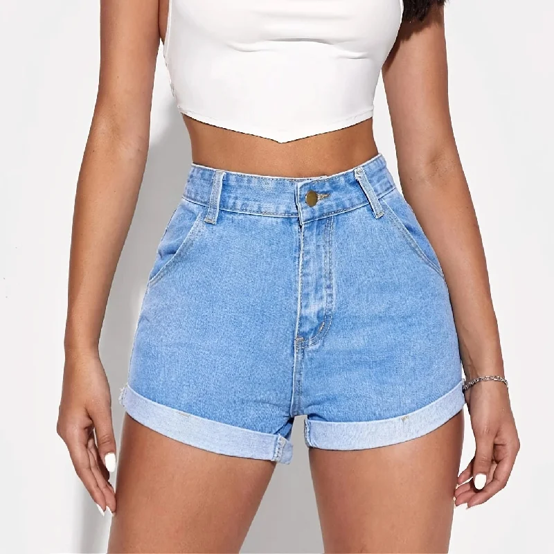 Women's denim shorts and a flowy blouse-Fashionable Non-Stretch Button Solid Color Rolled Denim Shorts Wholesale Womens Clothing Women's denim shorts and a flowy blouse-Fashionable Non-Stretch Button Solid Color Rolled Denim Shorts Wholesale Womens Clothing