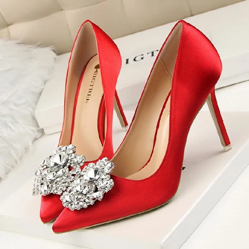 Faux Silk Satin Rhinestone Crystal Shallow Women High HeelsAffordable Satin Heels with a Luxe Touch