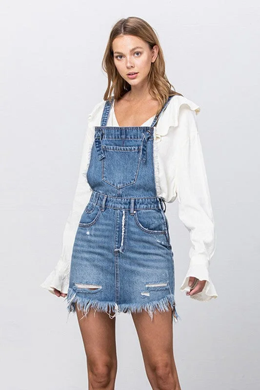 Denim dress with side gathering--To style and what fit can if styled now-Frayed Denim Overalls Dress