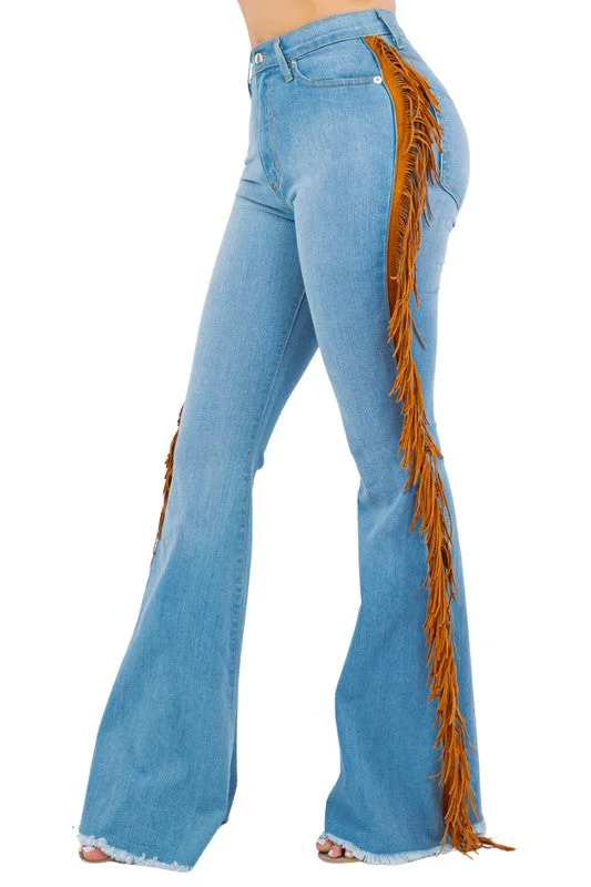 Women's denim jeans with a leaf embellishment-Fringe Bell Bottom in Light Blue Inseam 32"
