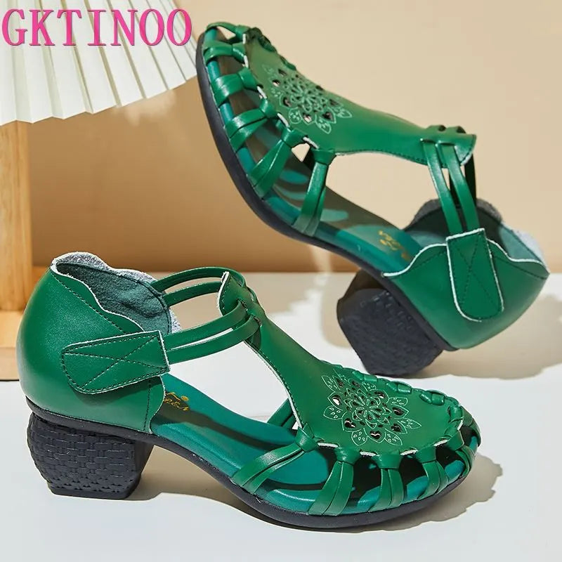 Ethnic Style Comfortable High Heels Platform Genuine Leather---Comfortable Leather Pumps for Office and Everyday Wear