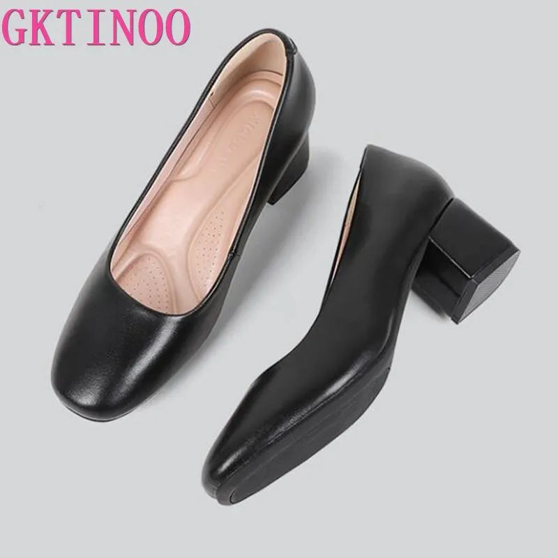 Genuine Leather Women's Work Shoes Pumps Thick Heels Round Head Shoes---Comfortable Leather Pumps for Office and Everyday Wear