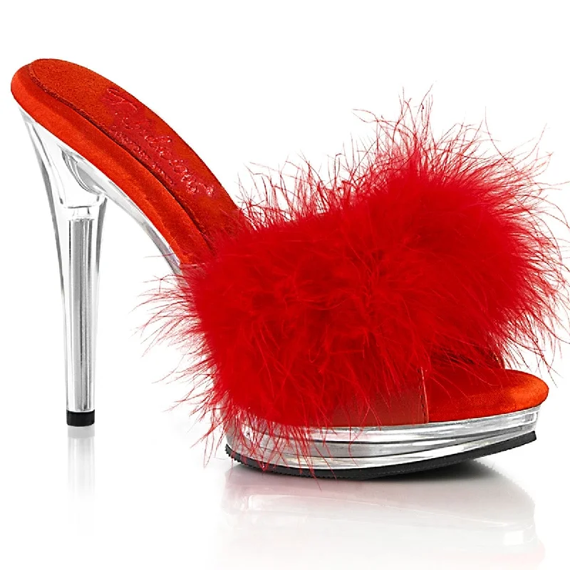 GLORY-501F-8 Red Faux Leather-Fur/Clear---Comfortable Leather Pumps for Office and Everyday Wear