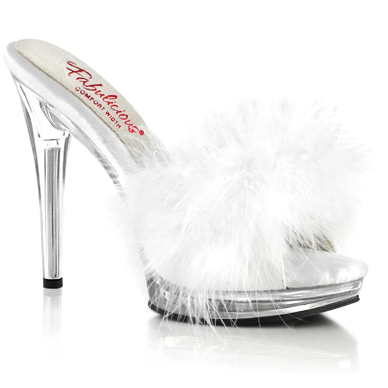 GLORY-501F-8 White Faux Leather-Fur/Clear---Comfortable Leather Pumps for Office and Everyday Wear