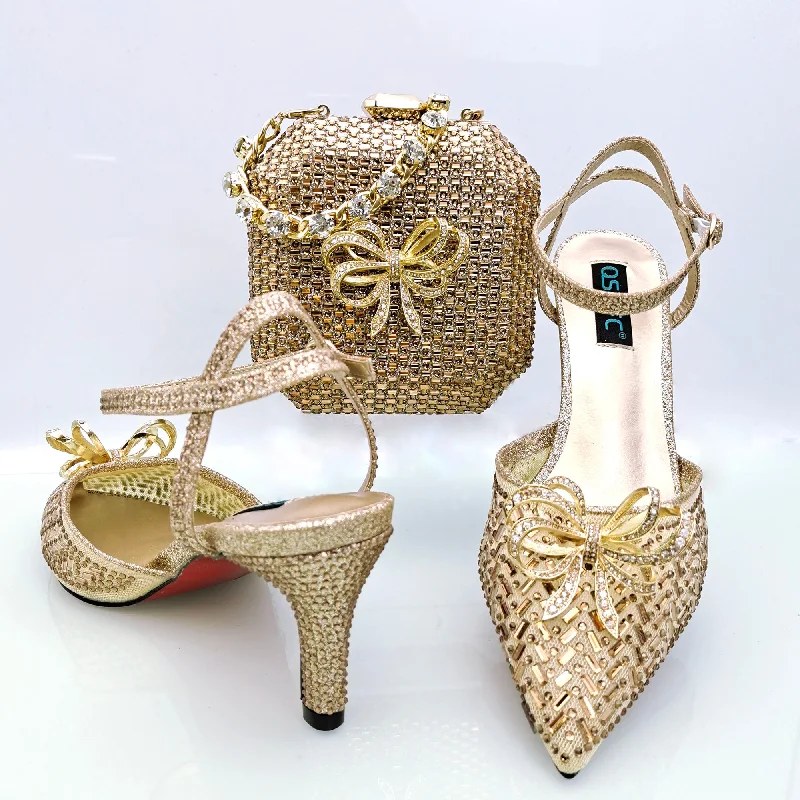 Affordable Rhinestone Pumps for a Dazzling Look---Gold Big Rhinestones Net Shoes And Match Handbag Beautiful